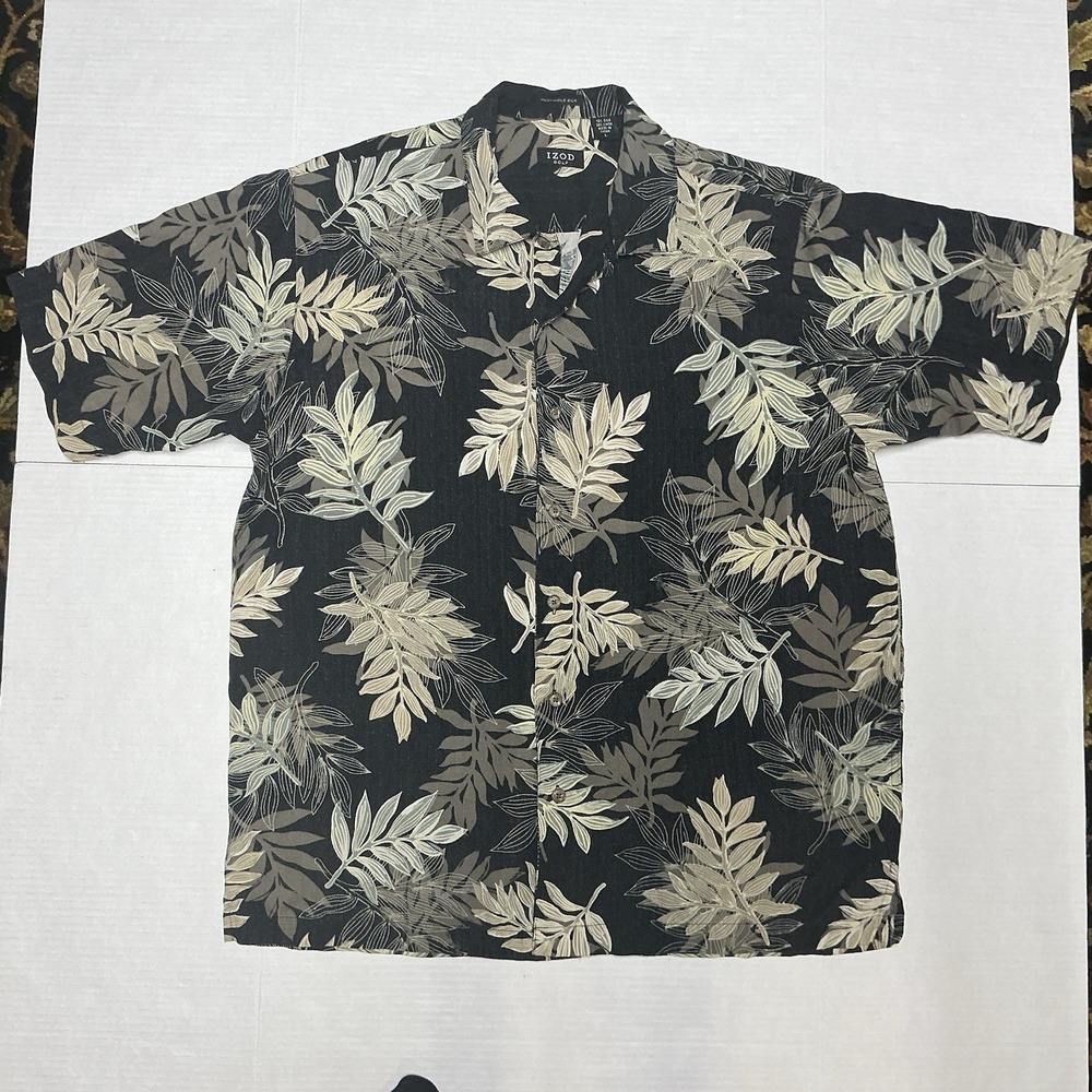Izod Golf Mens Black Short Sleeve Hawaiian Washable Silk Button Up Shirt Size L